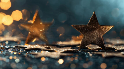 Poster - Golden stars on shimmering surface with soft bokeh background create magical and festive atmosphere, perfect for celebrations and special occasions