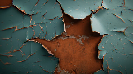 Poster - Dried paint flakes on rough surface reveal textured pattern of peeling layers, showcasing blend of colors and aged appearance that evokes sense of decay and history