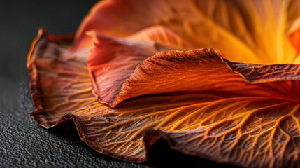 Poster - Macro shot of vibrant flower petal showcasing intricate textures and natural lines, radiating warm hues of orange and red, creating captivating visual experience