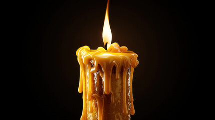 Poster - Glowing candle with vibrant flame, surrounded by melted wax drips, creates warm and inviting atmosphere. rich golden color of wax adds touch of elegance and serenity