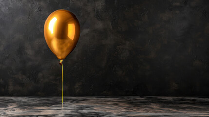 Poster - Minimal backdrop features single floating golden balloon, creating striking contrast against dark textured surface. scene evokes sense of elegance and simplicity