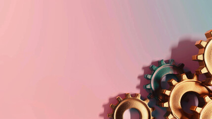 Poster - Minimal background with floating gears in various colors, symbolizing progress and innovation. soft gradient adds modern touch, creating visually appealing composition