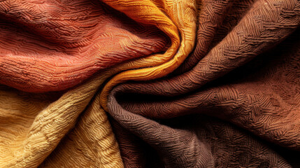 Poster - Textured fabric in warm tones of orange, yellow, and brown creates cozy and inviting atmosphere. intricate folds and patterns add depth and visual interest, perfect for design projects