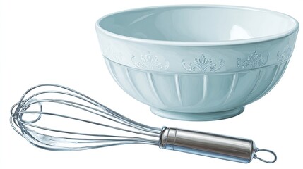 A light blue bowl with a metal whisk beside it, ready for mixing food items