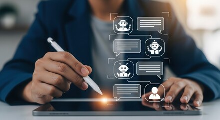 Poster - Chatbot interface interaction with tablet. Digital communication with stylus and speech bubbles. Modern tech conversation with AI.