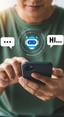 Poster - Close-up of person using smartphone with chatbot interface. AI chatbot interaction with digital overlay. Modern tech communication with blue robot icon.