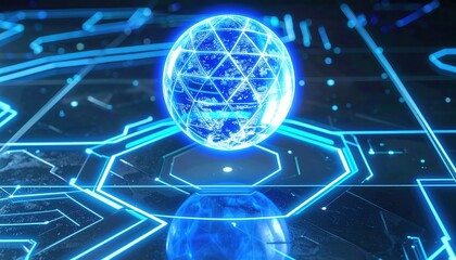 Poster - Futuristic glowing digital globe with interconnected hexagonal network patterns and vibrant blue neon lights representing technology and global connectivity