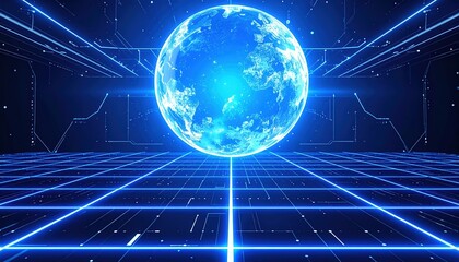 Poster - Futuristic digital Earth globe glowing with bright blue light surrounded by technological interface lines and grid in a sci-fi digital environment
