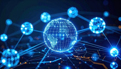 Poster - Futuristic digital network with glowing interconnected nodes and a global sphere representing technology connectivity and data sha in cyberspace