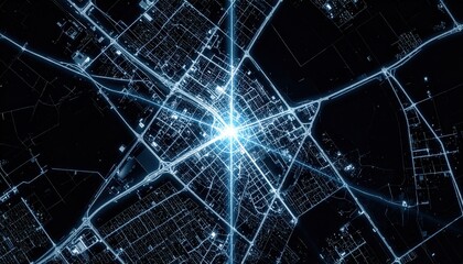 Poster - A futuristic city map illuminated with glowing blue lines showing streets and infrastructure, representing advanced technology and urban development