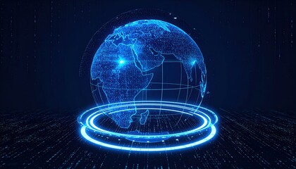 Poster - Futuristic digital globe with glowing earth lines and holographic interface representing global connectivity and advanced technology concepts