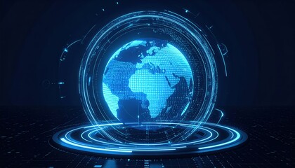 Poster - Futuristic digital globe surrounded by glowing circuitry and holographic interface elements representing global technology and connectivity concept