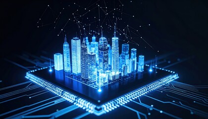 Poster - High Tech Digital Cityscape Representation Featu Illuminated Skyscrapers and Data Connections in a Futuristic Urban Environment