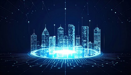 Poster - Futuristic glowing city skyline with tall skyscrapers illuminated with blue light beneath a starry night sky and digital interface elements representing technology advancement