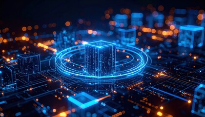 Poster - Futuristic digital cityscape with glowing neon skyscrapers and holographic technology representing smart urban infrastructure and advanced digital networks