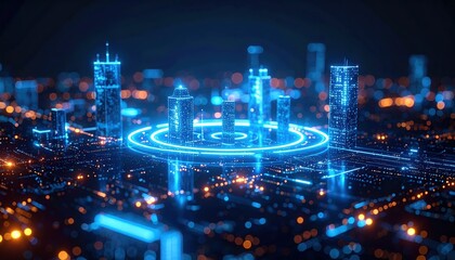 Poster - Futuristic digital cityscape at night with glowing holographic skyscrapers and illuminated streets showcasing advanced technology and urban innovation