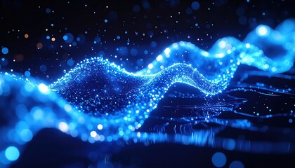 Poster - High Tech Digital Data Wave Visualization with Glowing Particles and Dynamic Motion Effect in Bright Blue Color for Technology and Innovation Concepts