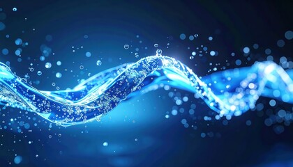 Poster - Abstract blue water wave with sparkling particles and flowing movement in a vibrant digital universe scene perfect for technology and science themes