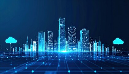 Poster - Futuristic digital cityscape with glowing skyscrapers and cloud icons representing smart urban technology and advanced digital infrastructure at night