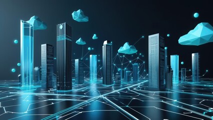Poster - Futuristic Digital Cityscape with Tall Skyscrapers Illuminated by Neon Lights, Cloud Data Clouds and Highlighted Network Grid in Cyberspace Environment