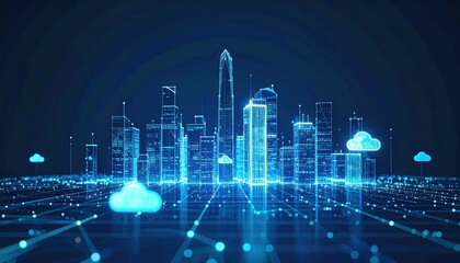 Poster - Futuristic Digital Cityscape with Neon Blue Buildings and Cloud Connectivity in a High-Tech Smart Urban Environment Illustration