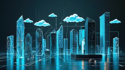 Poster - Futuristic digital cityscape with glowing skyscrapers cloud technology holographic buildings and neon lights illuminating a modern urban skyline scene