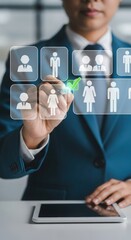 Poster - Business professional using touchscreen interface with stylus. Digital decision-making with highlighted human icons. Modern office tech interaction.