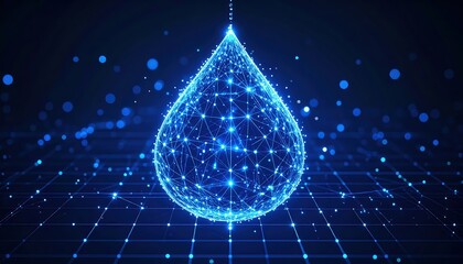 Poster - Futuristic digital droplet with glowing network connections on a dark grid background representing technology innovation and digital data visualization