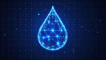Poster - High Tech Digital Illustration of a Water Drop Built with Glowing Blue Light Particles and Network Connections on a Dark Background for Technology Concept