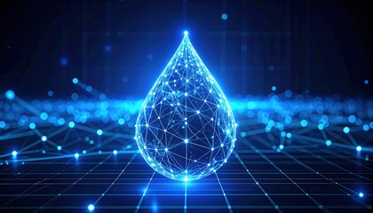 Poster - Futuristic digital water droplet with glowing network connections representing technology innovation and data visualization in a dark high-tech environment