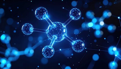 Poster - Highly detailed digital illustration of a glowing molecular structure with interconnected atoms and bonds in a futuristic blue digital science visualization style