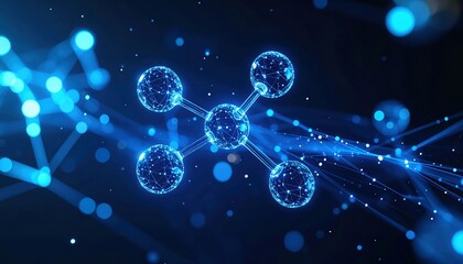 Poster - High-tech digital representation of molecular structure with glowing interconnected atoms and chemical bonds on a dark futuristic background
