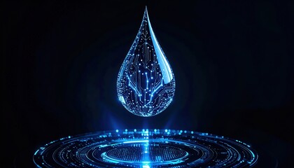 Poster - highly detailed futuristic digital water droplet with glowing blue light reflecting intricate holographic patterns over a dark background