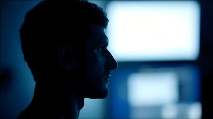 A male developer focused in a dark room, illuminated by the glow of a computer screen.