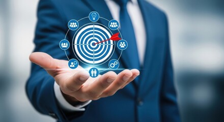 Poster - Business professional interacting with digital target and strategy icons. Futuristic corporate planning with tech integration. Modern success concept.