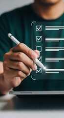 Poster - Person using stylus on tablet with virtual checklist interface. Digital task management with augmented reality. Modern productivity workflow.