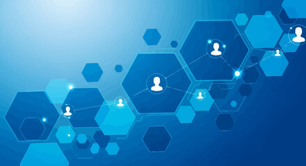 Blue network of hexagons connects people icons with lines and bright spots