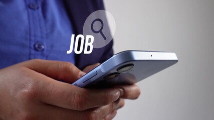 Poster - Close-up of a person holding a cell phone and a virtual icon of a magnifying glass and the word 