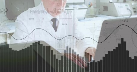 Poster - Senior researcher in lab coat typing data on laptop keys, invoking animated bar charts for analysis