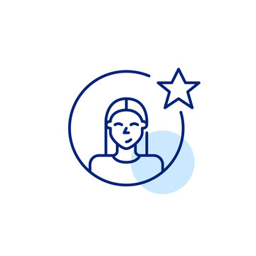Female user profile and star. Trusted member, award winning contributor. Pixel perfect, editable stroke vector icon