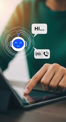 Poster - Person interacting with tablet featuring friendly robot icon. Digital communication with speech bubbles and waveforms. Modern tech-oriented interaction concept.