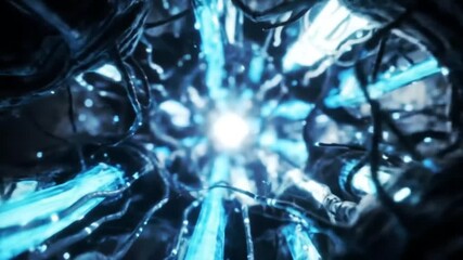 Poster - Abstract depiction of glowing blue energy streams converging towards a bright central point, surrounded by dark, organic-looking structures.