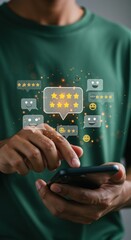 Poster - Person interacting with smartphone displaying star ratings and emoticons. Digital feedback system with user ratings. Modern customer review concept.