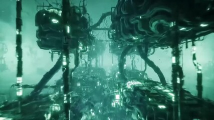 Poster - A futuristic cityscape with complex, interconnected structures resembling organic forms and glowing lights, creating a surreal and technological landscape.