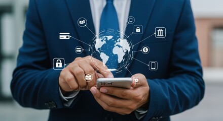 Poster - Business professional interacting with smartphone and digital finance icons. Modern business technology and digital connectivity. Financial tech integration with global network.