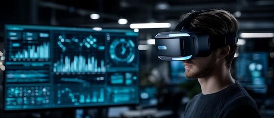 VR headset user in a tech space