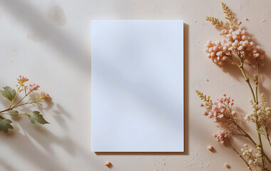 Wall Mural - Blank white vertical paper sheet 5x7 inches with shadow overlay. Modern and stylish greeting card or wedding invitation mock up