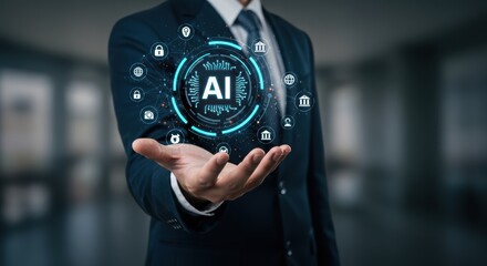 Poster - Futuristic AI technology concept with glowing hand and digital network. Modern innovation with interconnected data icons.