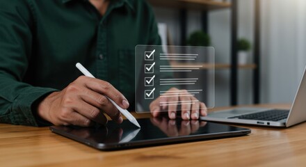 Poster - Digital task management with checklist overlay on tablet. Modern workspace with productivity tools. Professional using stylus for efficient workflow.