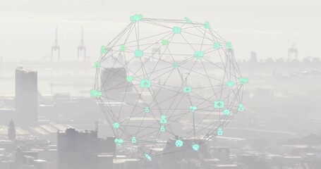 Poster - starting sphere hovering above skyline, nodes pulsing and rotating network showing data links